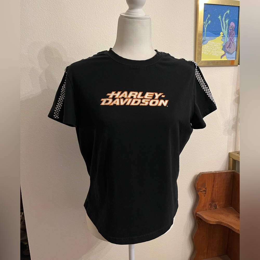Harley-Davidson Black Baby Tee with Orange Logo and cute checkered detail! 🧡 XL
